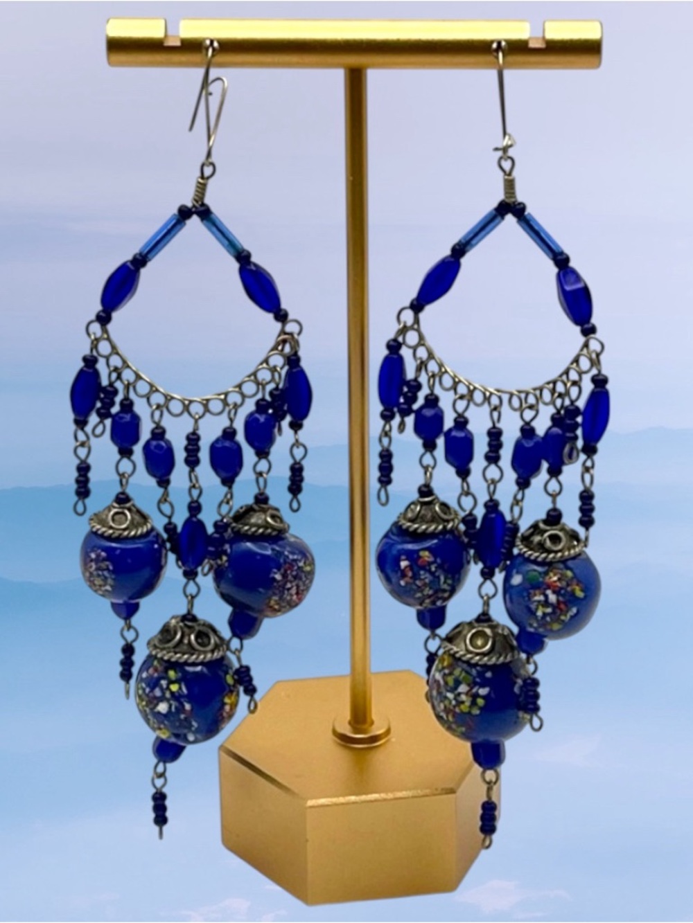 Amazing Lapis Lazuli Hand Painted Floral Design Chandelier Pierced Earrings OOAK